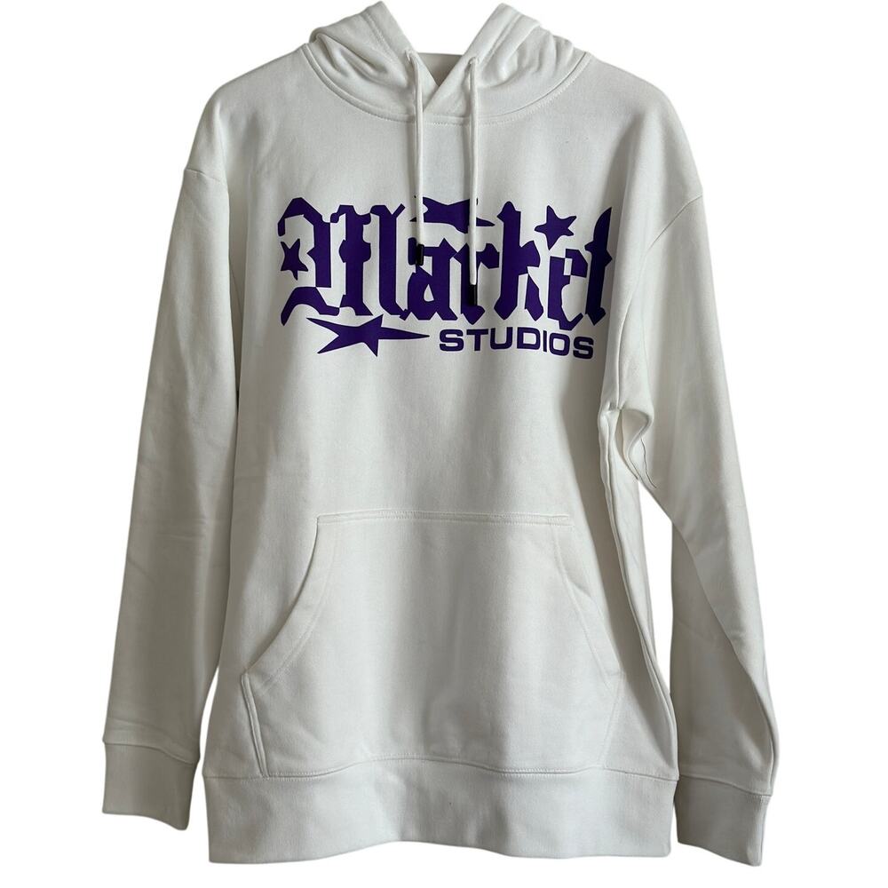 Market Studios White‎ Hoodie Purple Graphic Logo Size Large